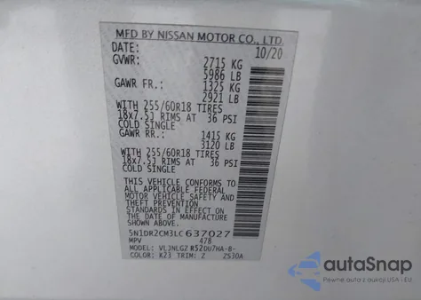 2020 Nissan Pathfinder Sl 4Wd z USA, uszkodzony, nr VIN 5N1DR2CM3LC637027